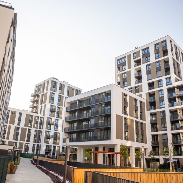 Prague, Czech Republic - 04.09.2021: New apartment houses around Vackov in Zizkov district. Luxury housing near park. Residential real estate in Prague 3. High quality photo